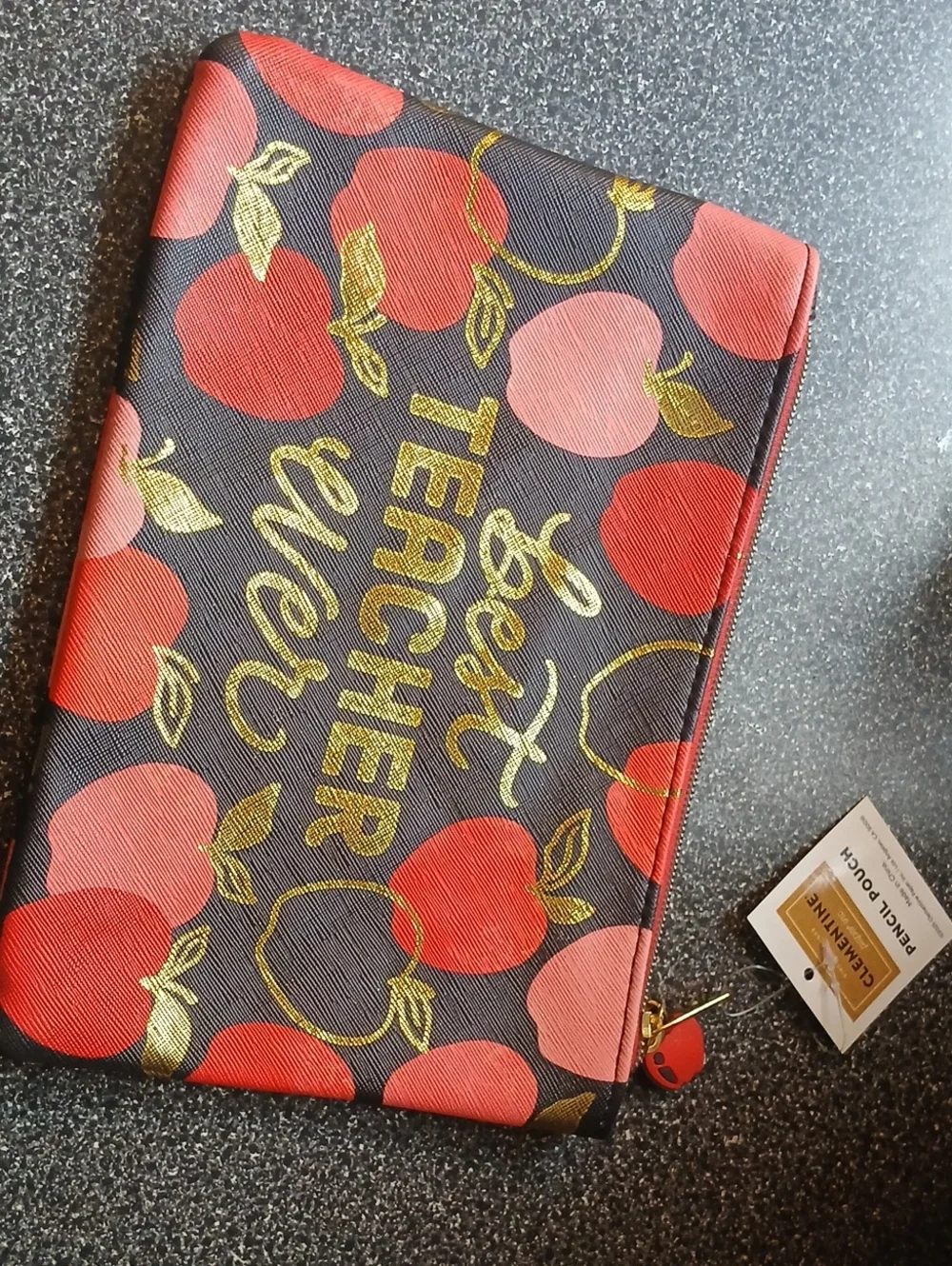 Best Teacher Apple Print Cosmetic Pouch - Red & Black